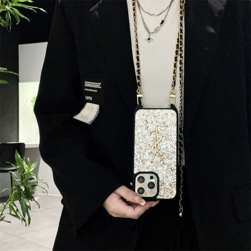 サンローラン スマホケース キラキラ ysl iphone17/16proケース スマホショルダー かわいい iphone15/15plus ケース ブランド レディース iphone14/13ケース 肩掛け チェーン 付き