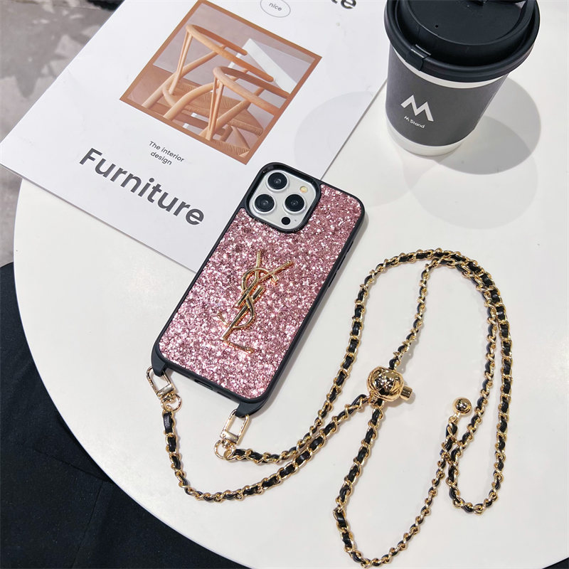 サンローラン スマホケース キラキラ ysl iphone17/16proケース スマホショルダー かわいい iphone15/15plus ケース ブランド レディース iphone14/13ケース 肩掛け チェーン 付き