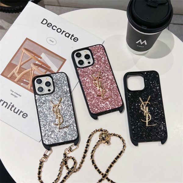 サンローラン スマホケース キラキラ ysl iphone15/15proケース スマホショルダー かわいい iphone14/14plus ケース ブランド レディース iphone13/12ケース 肩掛け チェーン 付き