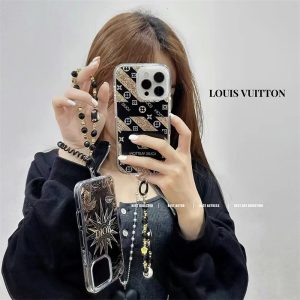 ルイヴィトン iphone17pro/17 ケース dior ビーズチェーン付き ヴィトン風 iphone16/15 ケース 韓国 ブランド iphone14pro ケース 頑丈 かわいい 携帯 ケース おしゃれ