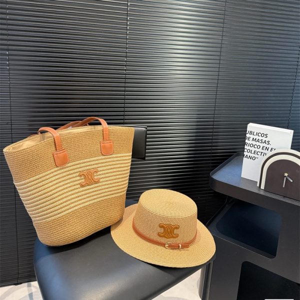 セリーヌ 編みバッグ＋編み帽子 セット 夏 新作 組み合わせ celine かご バッグ bv 編み込み ショルダーバッグ レザー ショッピングバッグ おしゃれ ハンドバッグ