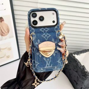 iphone17 ケース ハイ ブランド ルイ ヴィトン スマホケース iphone17pro/16 iphoneケース 背面収納 ブランド ヴィトン デニム iphone15/14promax ケース チェーン付き