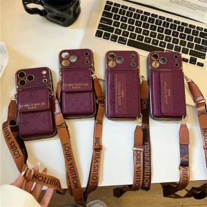 ヴィトン IPhone18pro バーガンディ に 合う ケース ショルダー ルイ ヴィトン iphone ケース 18pro max/17/17pro iphone16/16pro/15 ケース 背面 収納 ハイ ブランド ストラップ付き iPhoneケース ブランド